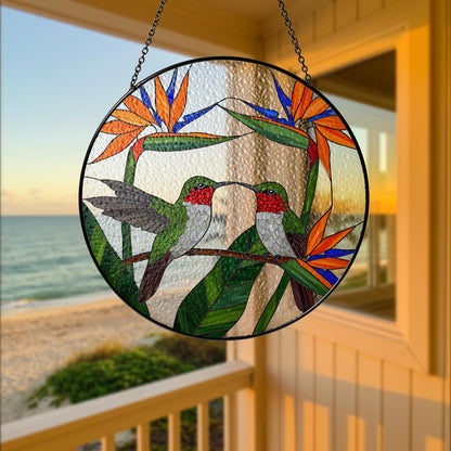 Hummingbird Couple Stained Glass Suncatcher