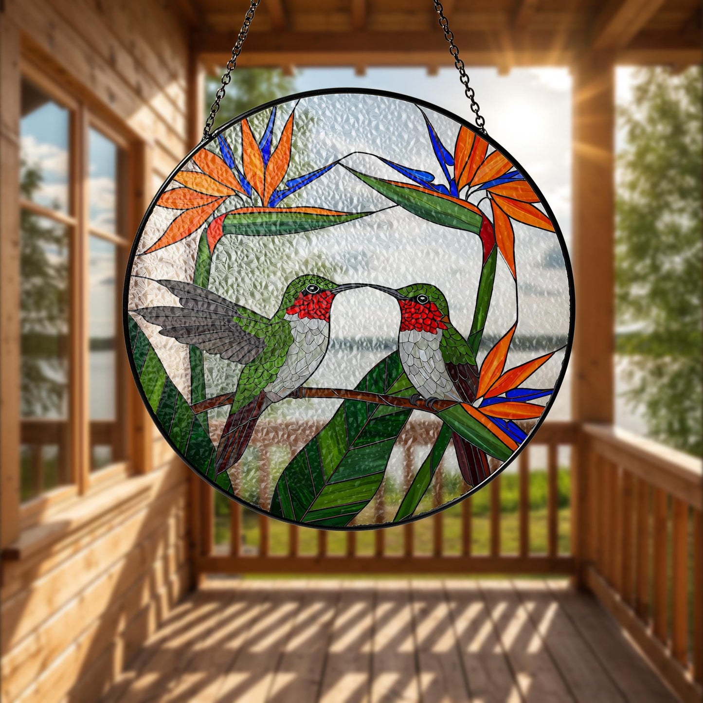 Hummingbird Couple Stained Glass Suncatcher