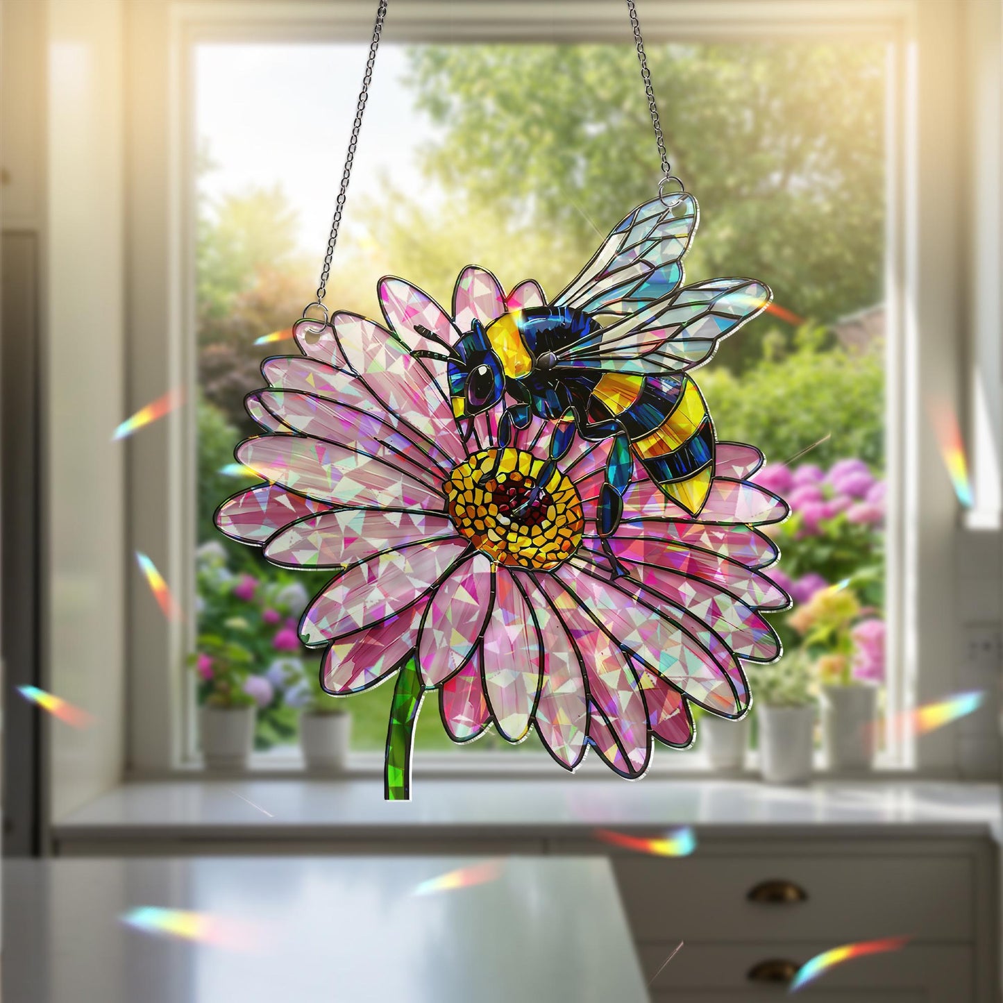 Bee and Daisy Stained Glass Suncatcher
