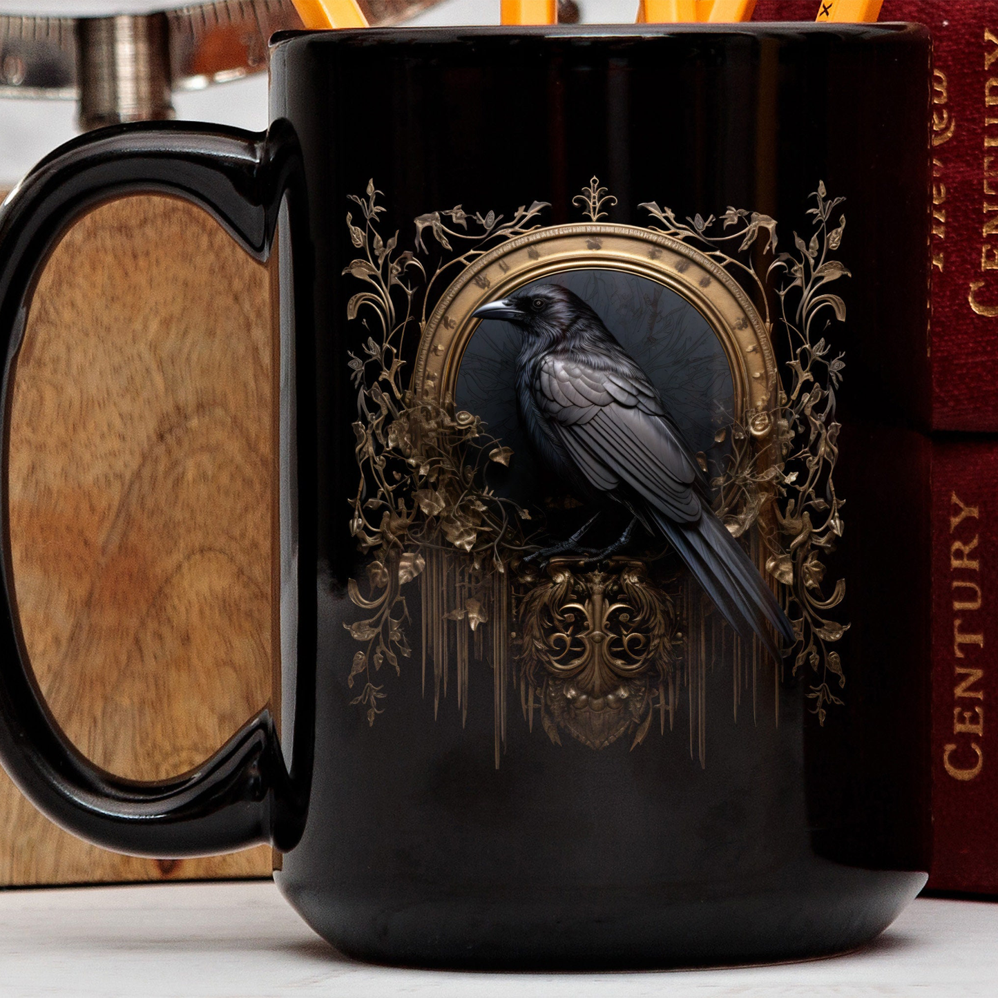 Gothic Raven Mug, Dark Academia Mug, Black Witchy Coffe Cup
