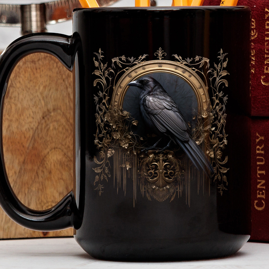 Gothic Raven Mug, Dark Academia Mug, Black Witchy Coffe Cup