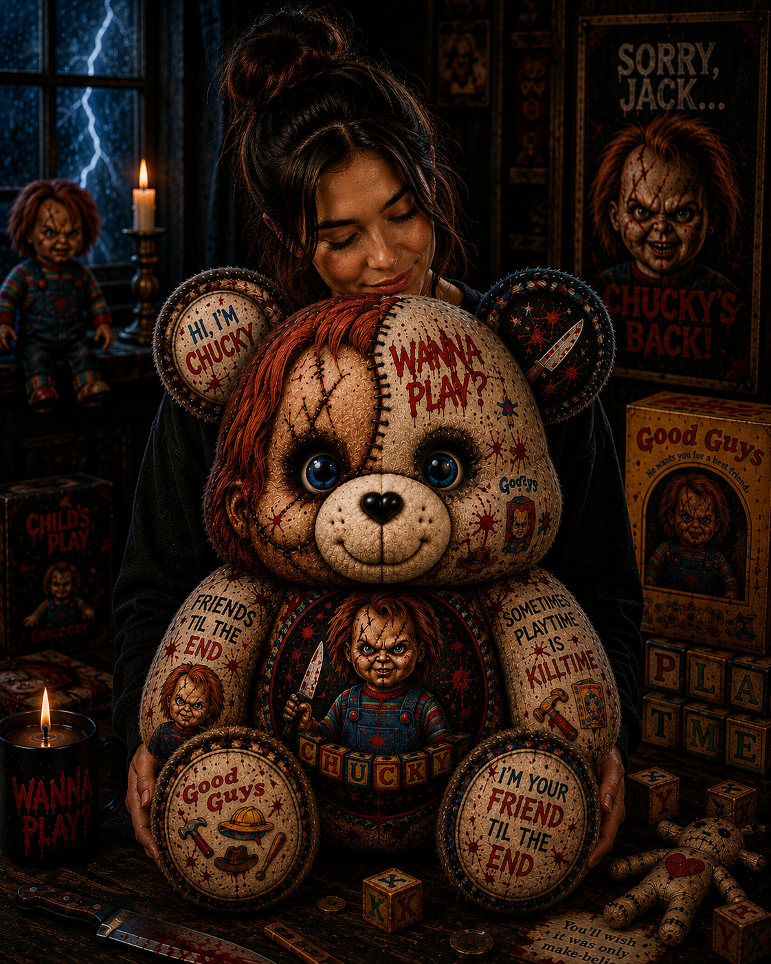 Wanna Play Horror Doll Bear Custom Shaped Pillow – Scary Halloween Gift for Chucky & Slasher Horror Fans