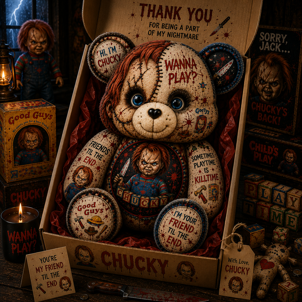 Wanna Play Horror Doll Bear Custom Shaped Pillow – Scary Halloween Gift for Chucky & Slasher Horror Fans