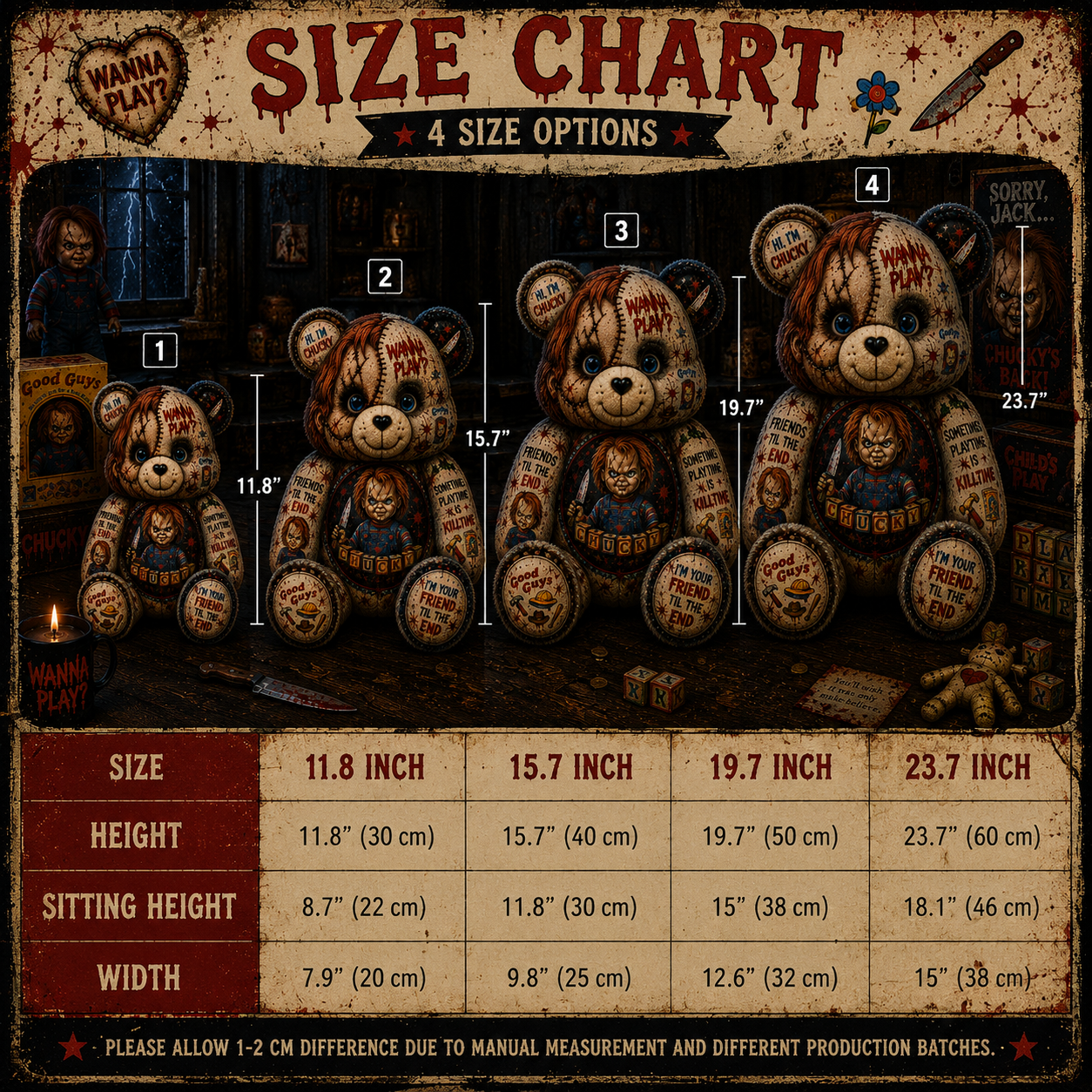 Wanna Play Horror Doll Bear Custom Shaped Pillow – Scary Halloween Gift for Chucky & Slasher Horror Fans