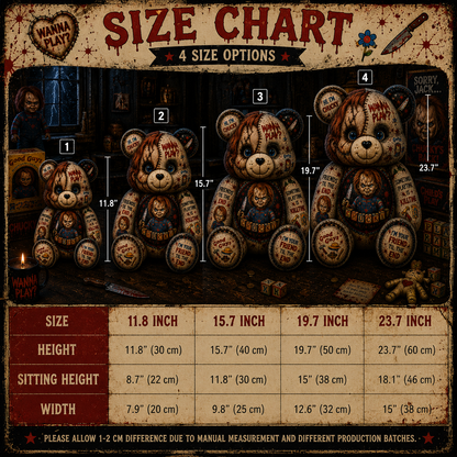 Wanna Play Horror Doll Bear Custom Shaped Pillow – Scary Halloween Gift for Chucky & Slasher Horror Fans