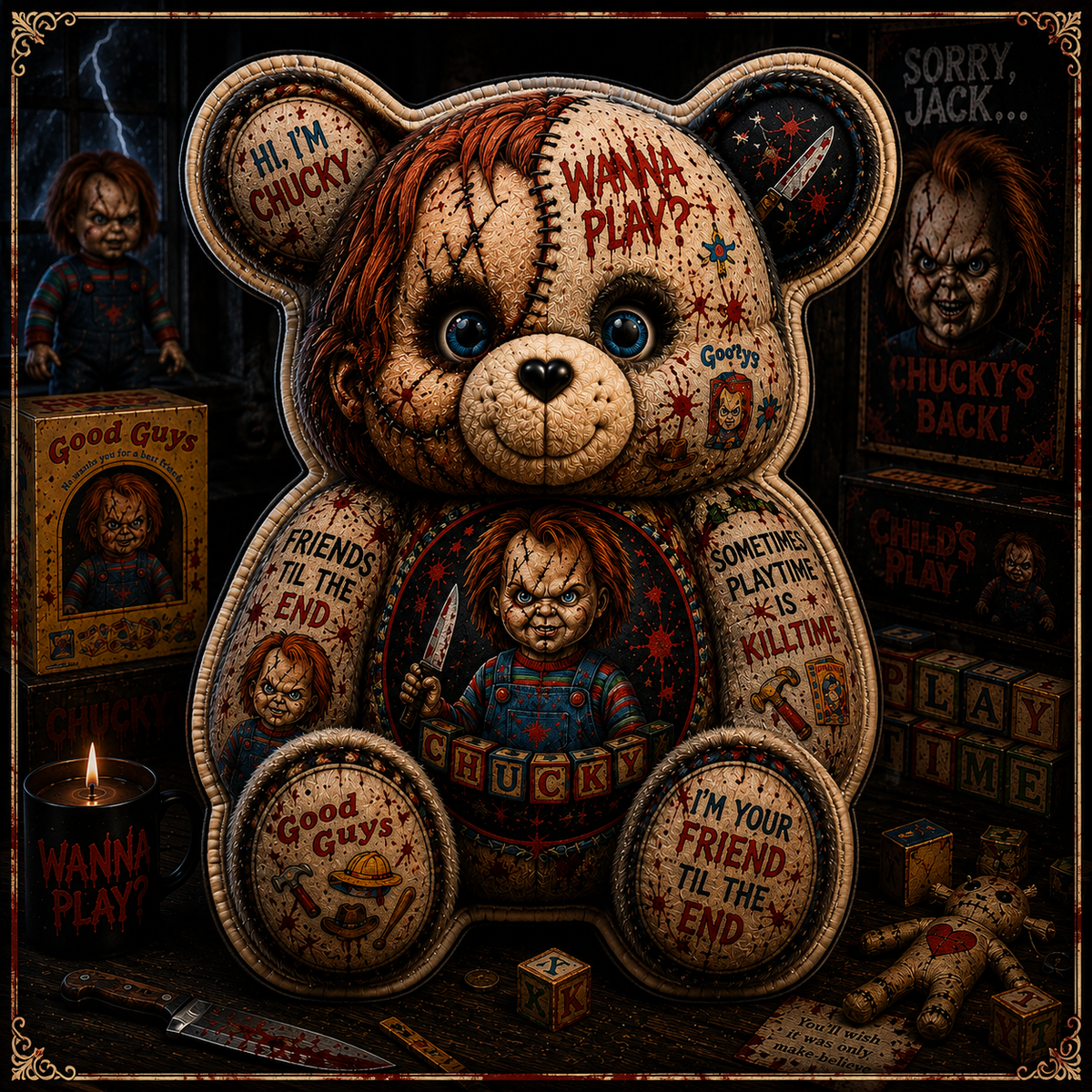 Wanna Play Horror Doll Bear Custom Shaped Pillow – Scary Halloween Gift for Chucky & Slasher Horror Fans
