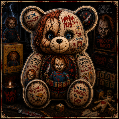Wanna Play Horror Doll Bear Custom Shaped Pillow – Scary Halloween Gift for Chucky & Slasher Horror Fans