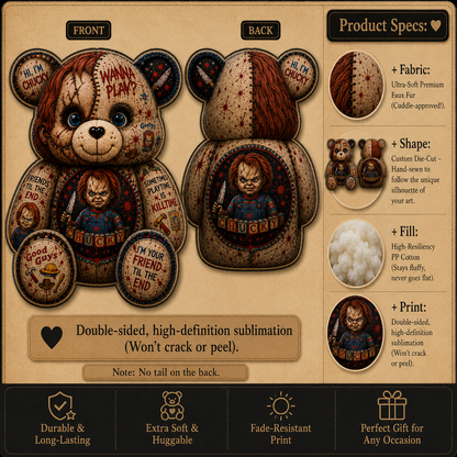 Wanna Play Horror Doll Bear Custom Shaped Pillow – Scary Halloween Gift for Chucky & Slasher Horror Fans