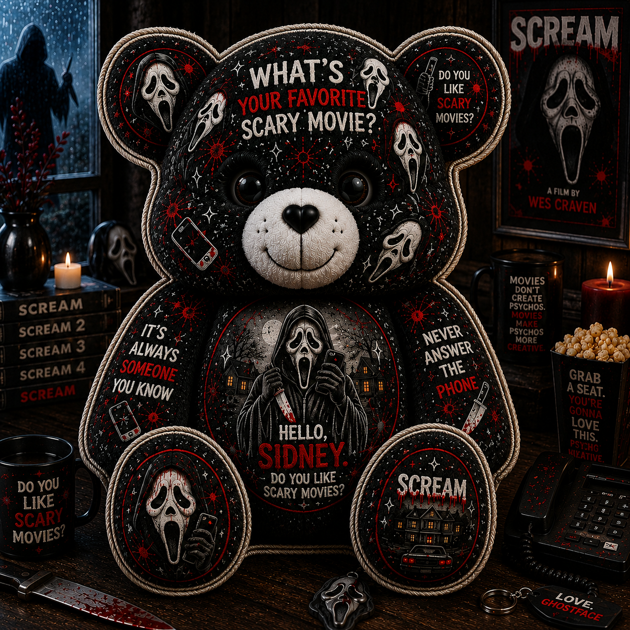 Ghostface Scary Movie Bear Custom Shaped Pillow – Horror Halloween Decor for Scream Fans