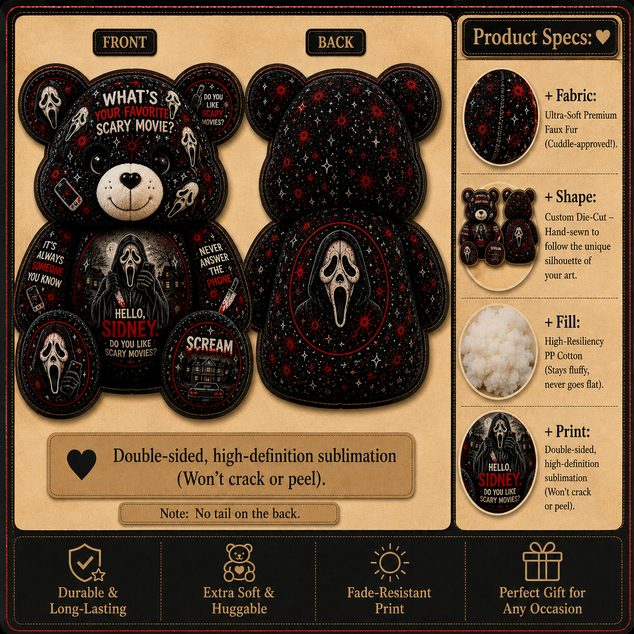 Ghostface Scary Movie Bear Custom Shaped Pillow – Horror Halloween Decor for Scream Fans