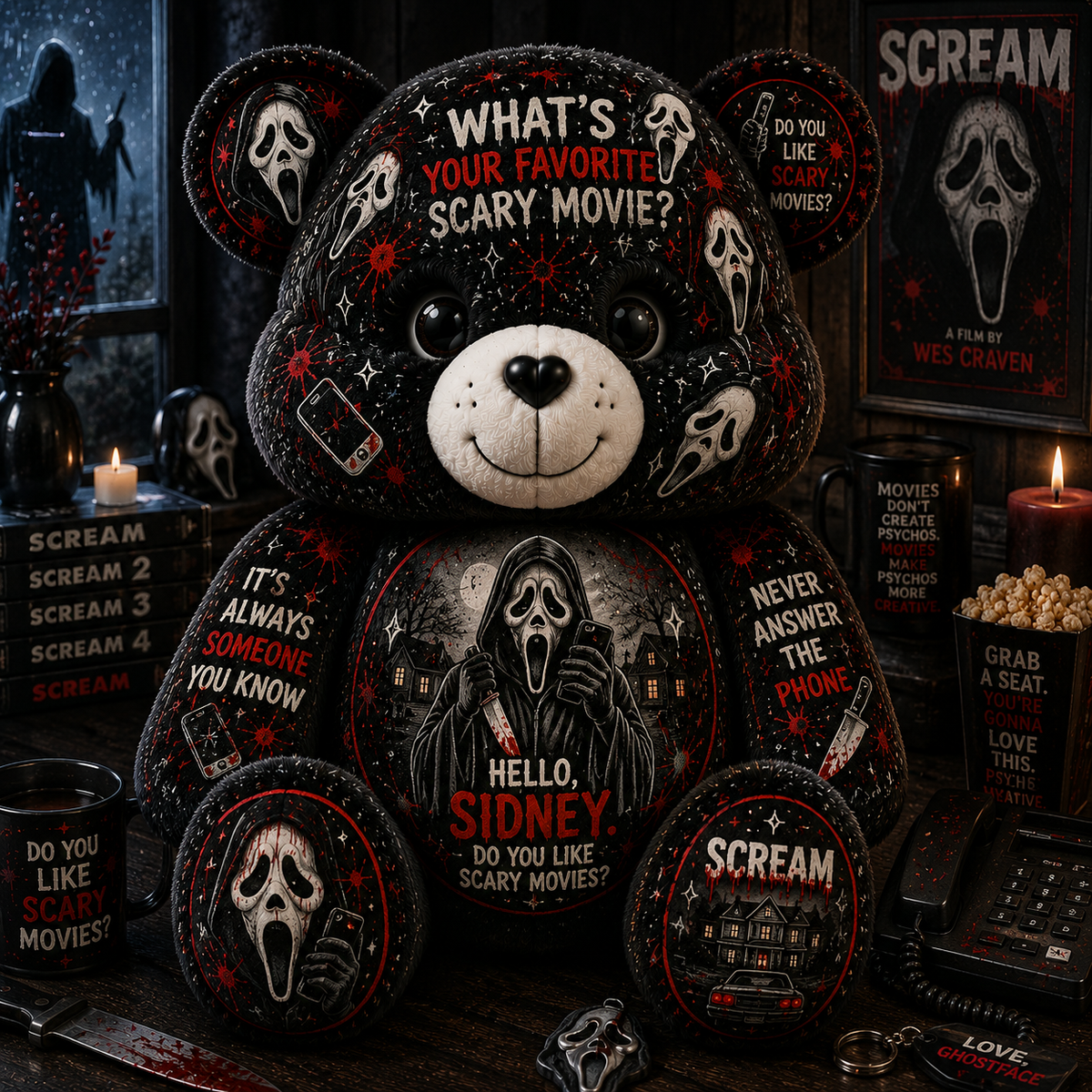 Ghostface Scary Movie Bear Custom Shaped Pillow – Horror Halloween Decor for Scream Fans