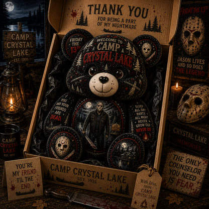 Camp Crystal Lake Jason Bear Custom Shaped Pillow – Friday the 13th Gift for Horror Lovers