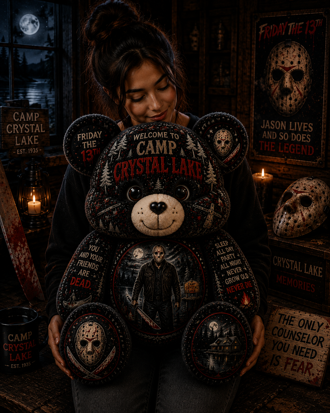 Camp Crystal Lake Jason Bear Custom Shaped Pillow – Friday the 13th Gift for Horror Lovers