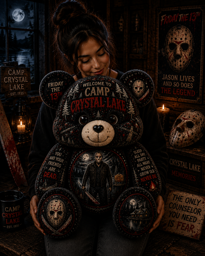 Camp Crystal Lake Jason Bear Custom Shaped Pillow – Friday the 13th Gift for Horror Lovers