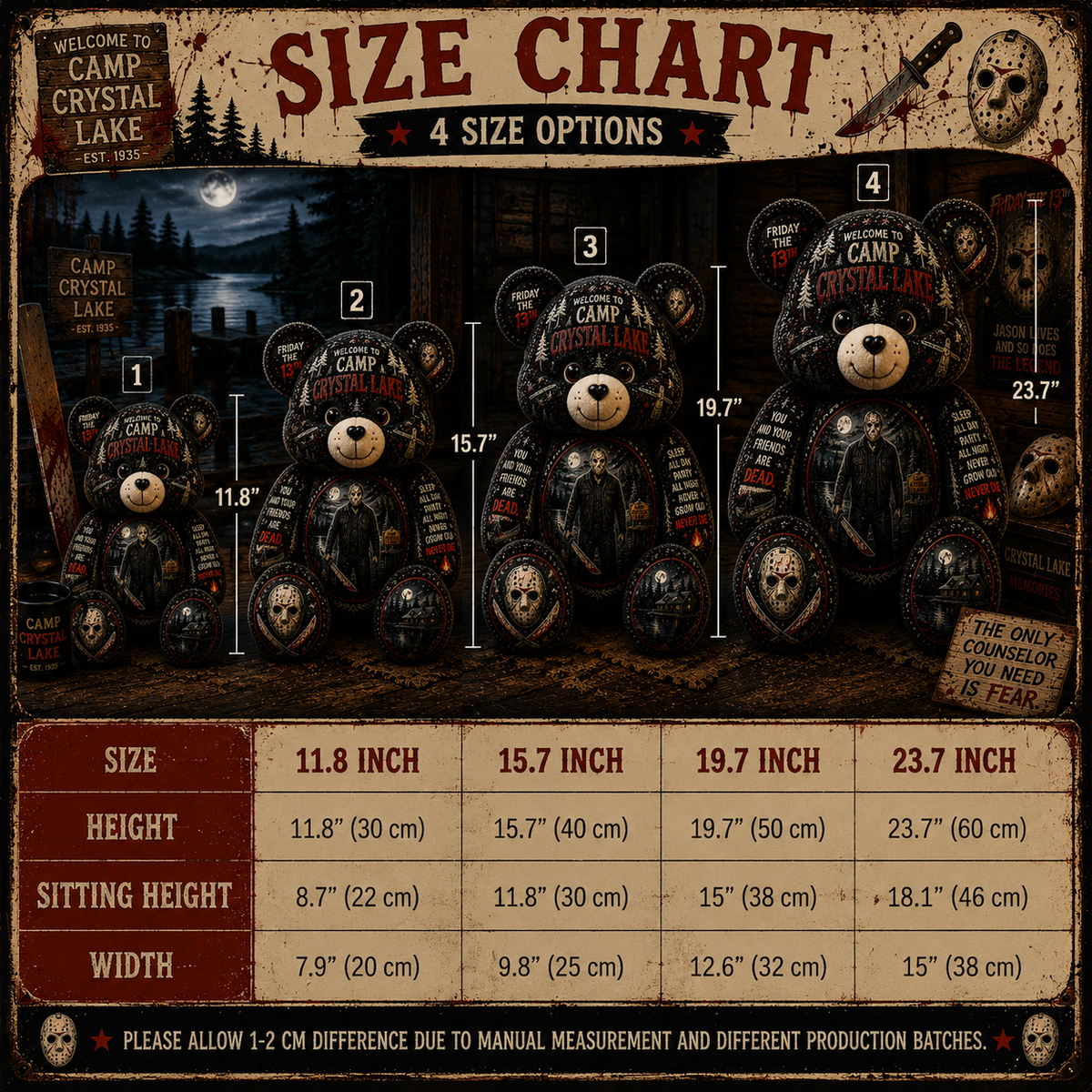 Camp Crystal Lake Jason Bear Custom Shaped Pillow – Friday the 13th Gift for Horror Lovers