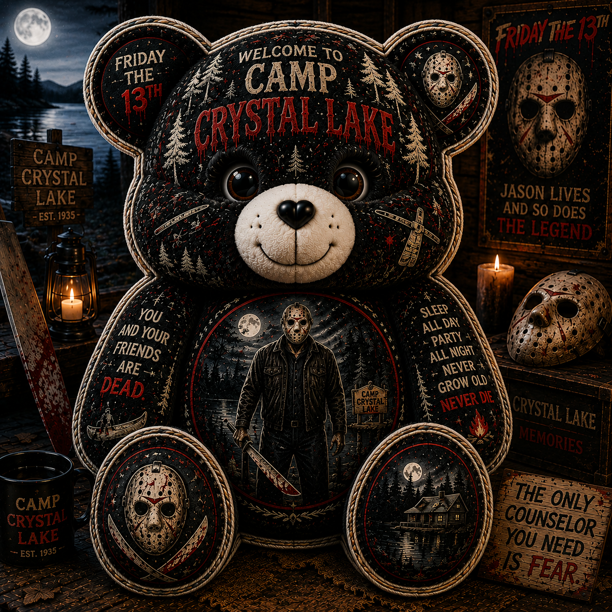 Camp Crystal Lake Jason Bear Custom Shaped Pillow – Friday the 13th Gift for Horror Lovers