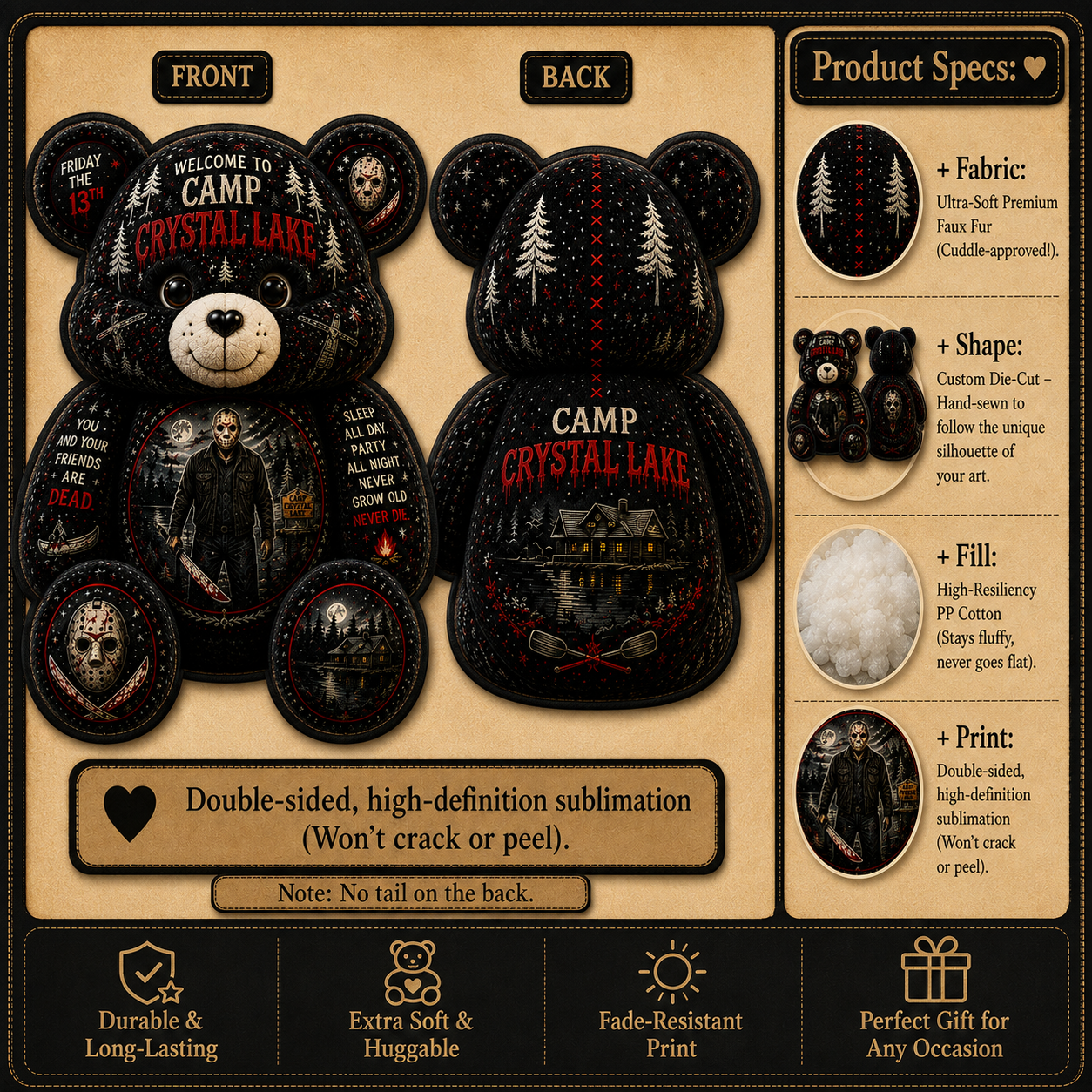 Camp Crystal Lake Jason Bear Custom Shaped Pillow – Friday the 13th Gift for Horror Lovers