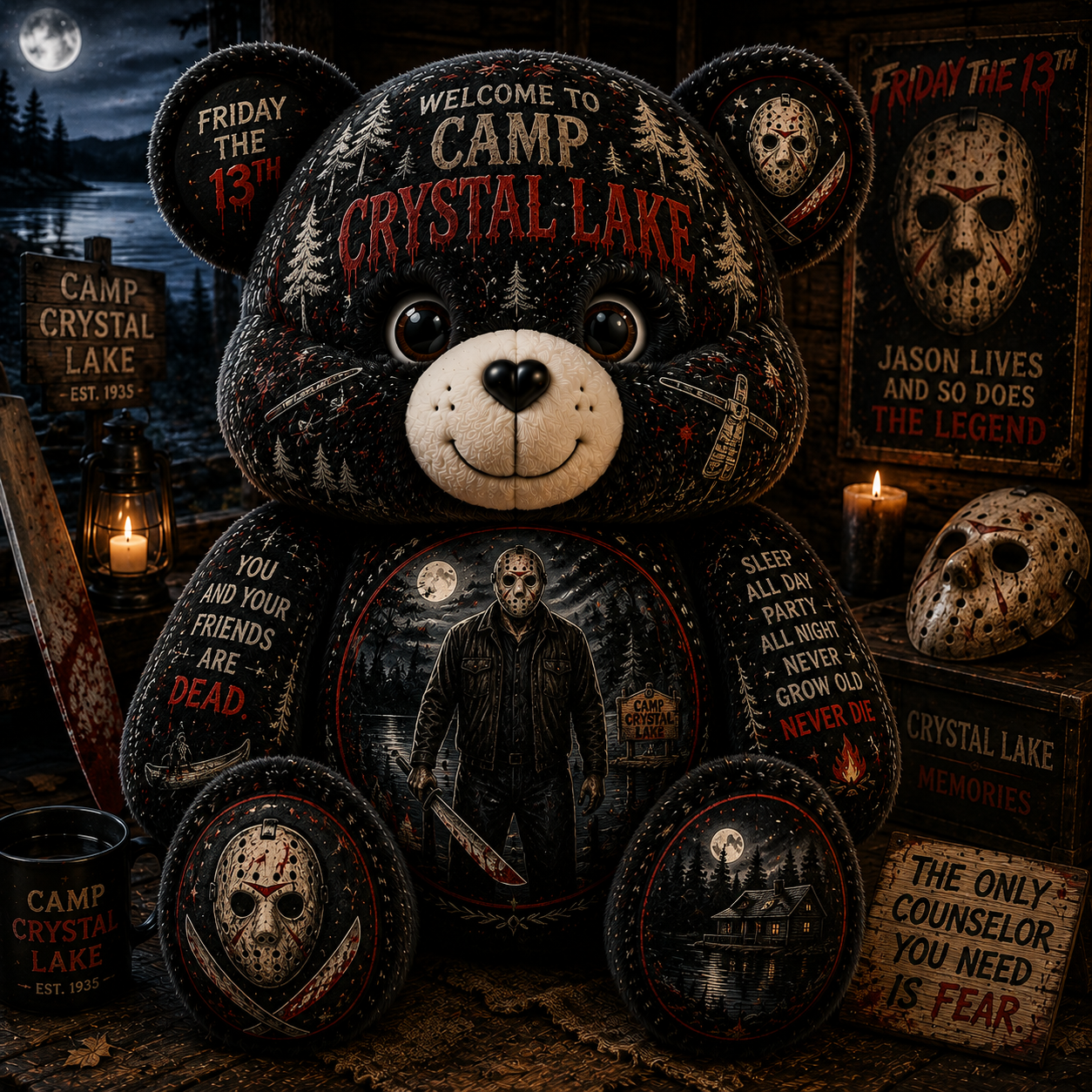 Camp Crystal Lake Jason Bear Custom Shaped Pillow – Friday the 13th Gift for Horror Lovers