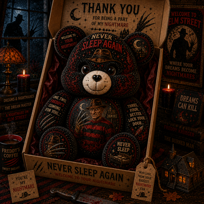 Never Sleep Again Freddy Bear Custom Shaped Pillow – Elm Street Horror Gift for Nightmare Fans