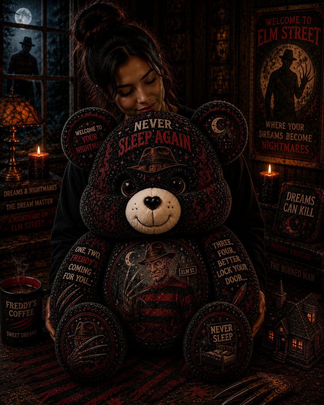 Never Sleep Again Freddy Bear Custom Shaped Pillow – Elm Street Horror Gift for Nightmare Fans
