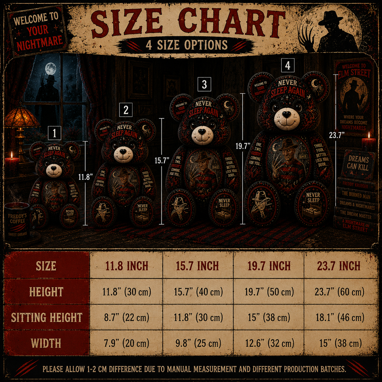 Never Sleep Again Freddy Bear Custom Shaped Pillow – Elm Street Horror Gift for Nightmare Fans