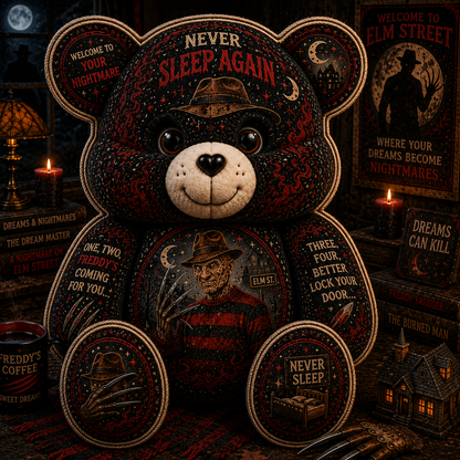 Never Sleep Again Freddy Bear Custom Shaped Pillow – Elm Street Horror Gift for Nightmare Fans