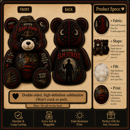 Never Sleep Again Freddy Bear Custom Shaped Pillow – Elm Street Horror Gift for Nightmare Fans