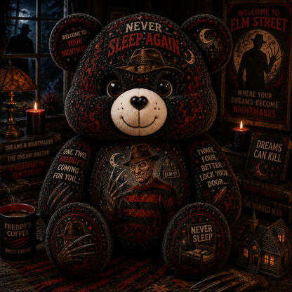 Never Sleep Again Freddy Bear Custom Shaped Pillow – Elm Street Horror Gift for Nightmare Fans