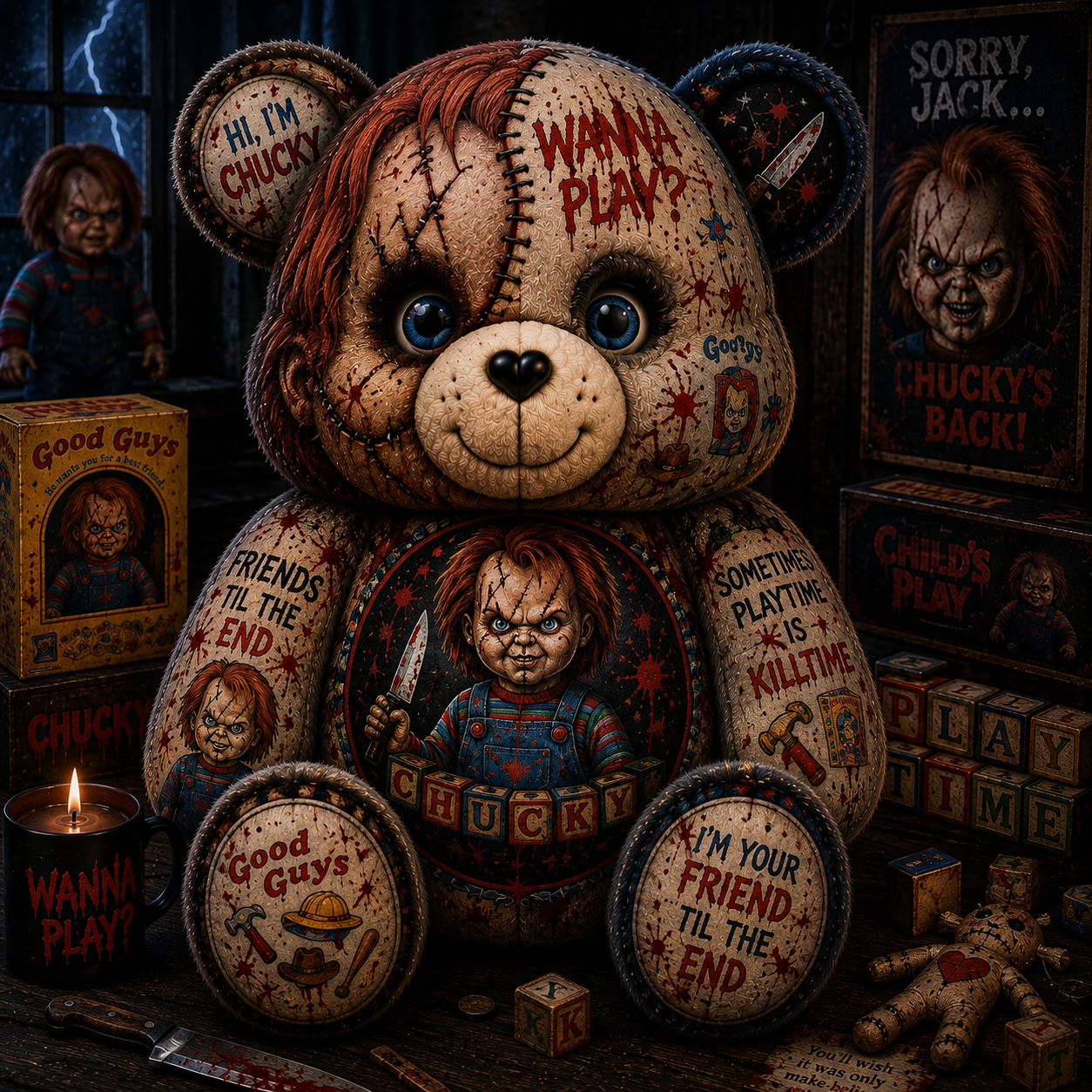 Wanna Play Horror Doll Bear Custom Shaped Pillow – Scary Halloween Gift for Chucky & Slasher Horror Fans