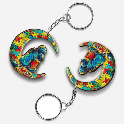 Autism Mom And Kid - I Love You To The Moon And Back - Personalized Autism Awareness Keychain