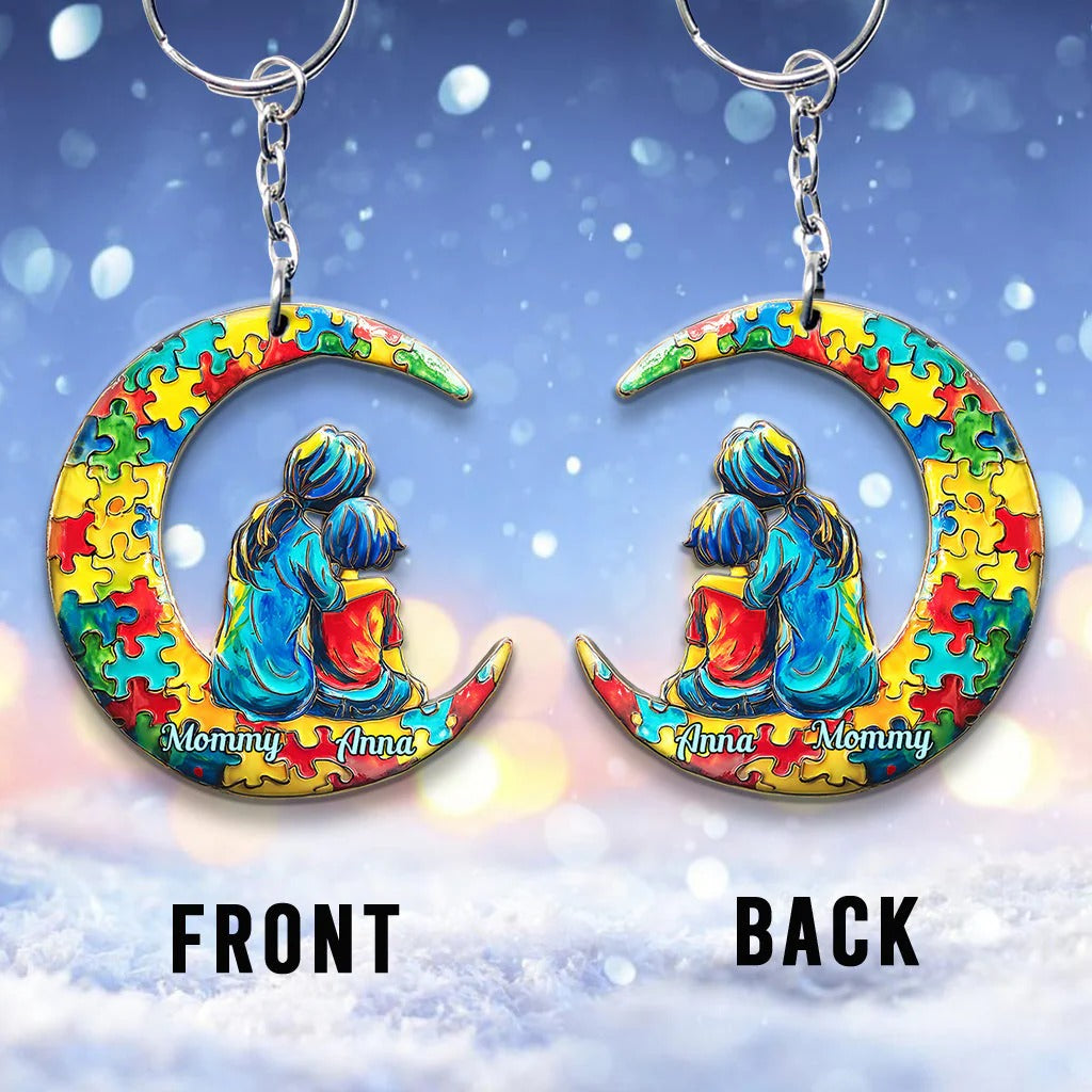 Autism Mom And Kid - I Love You To The Moon And Back - Personalized Autism Awareness Keychain