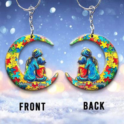 Autism Mom And Kid - I Love You To The Moon And Back - Personalized Autism Awareness Keychain