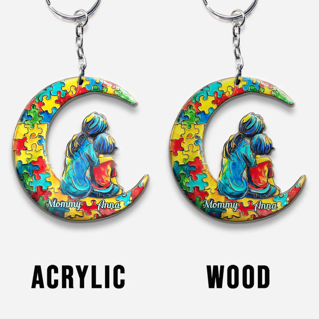 Autism Mom And Kid - I Love You To The Moon And Back - Personalized Autism Awareness Keychain