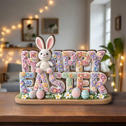 Happy Easter Wooden Table Sign, 3 Layer Floral Bunny Decor, Spring Home Easter Decoration, Pastel Easter Centerpiece