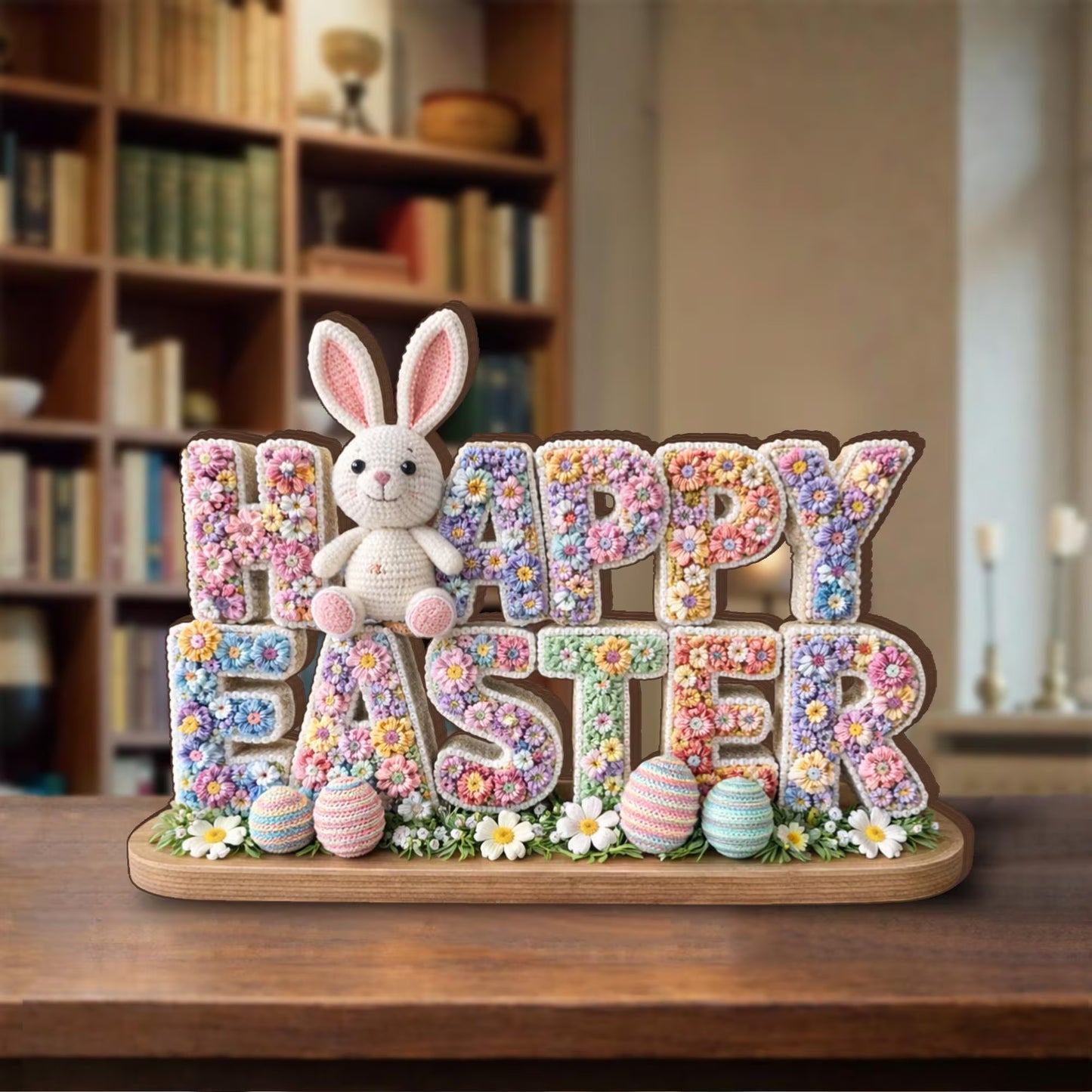Happy Easter Wooden Table Sign, 3 Layer Floral Bunny Decor, Spring Home Easter Decoration, Pastel Easter Centerpiece