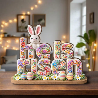 He Is Risen Shape Wooden Block, Floral Bunny Easter Centerpiece