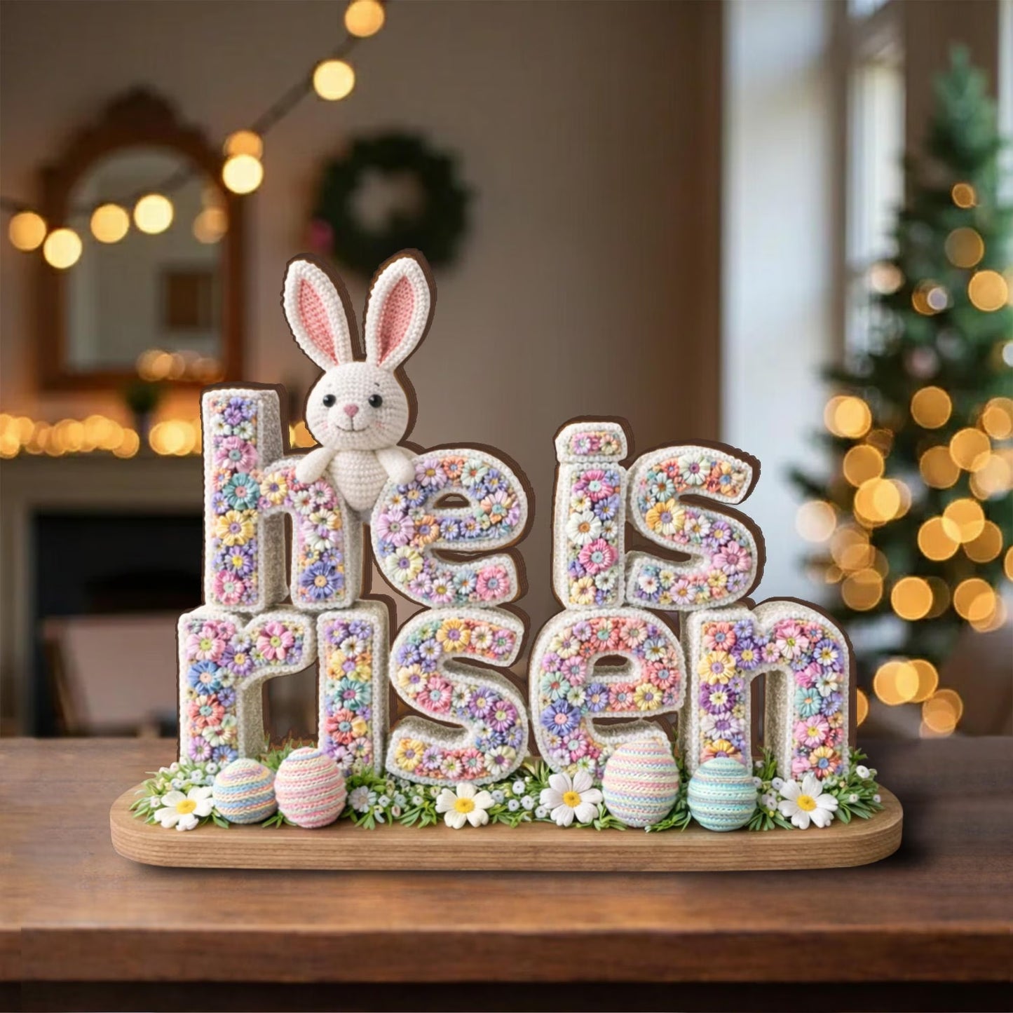 He Is Risen Shape Wooden Block, Floral Bunny Easter Centerpiece