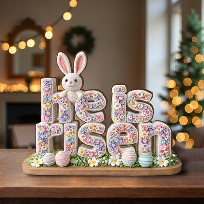 He Is Risen Shape Wooden Block, Floral Bunny Easter Centerpiece