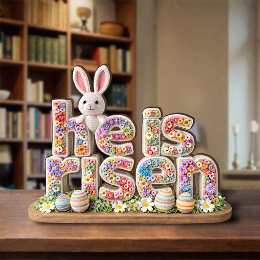 He Is Risen Shape Wooden Block, Floral Bunny Easter Centerpiece