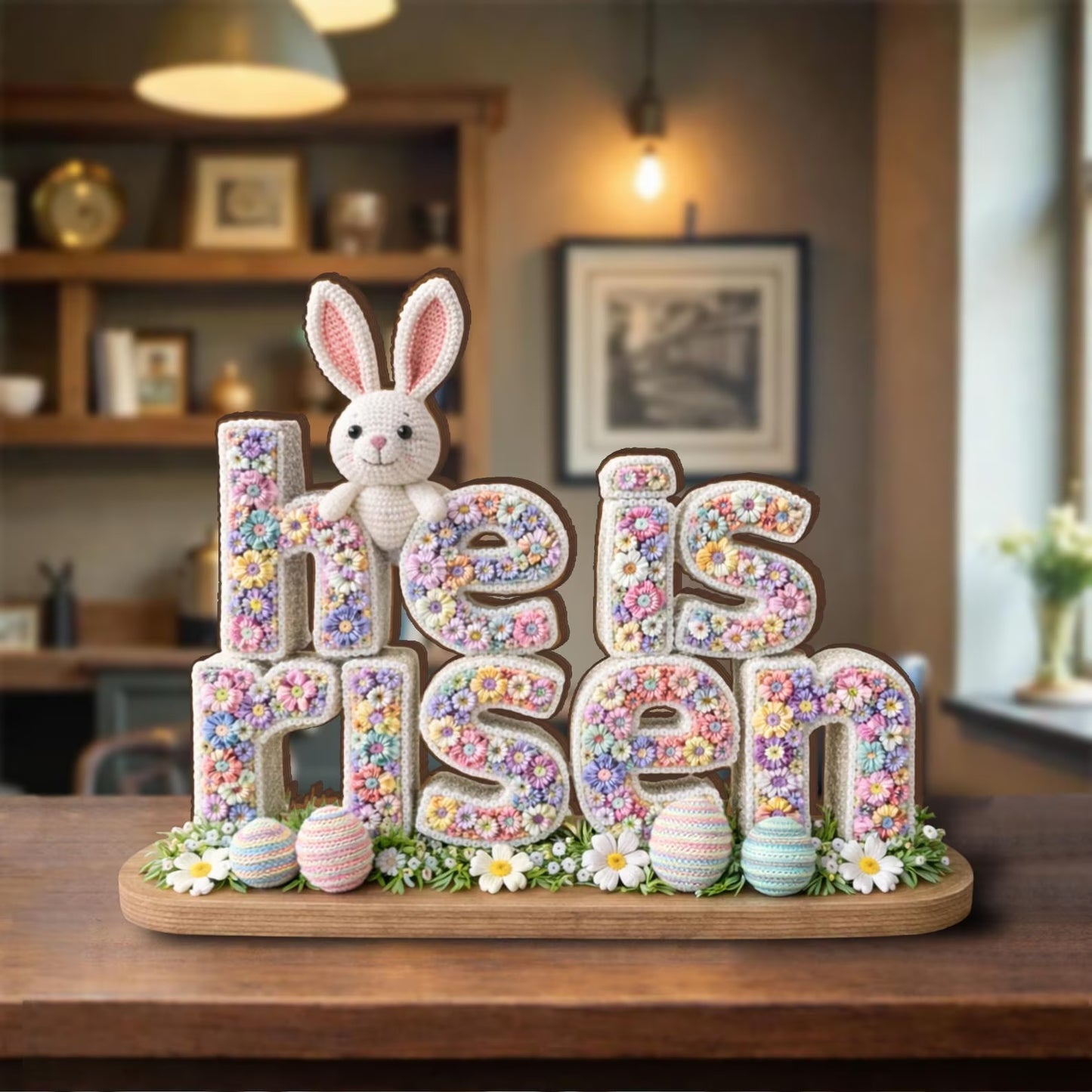 He Is Risen Shape Wooden Block, Floral Bunny Easter Centerpiece