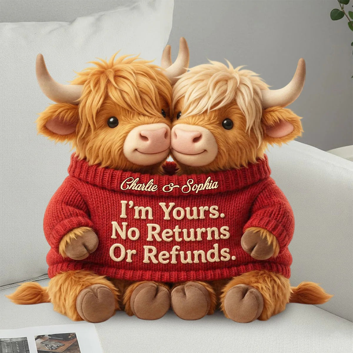 I'm Yours. No Returns Or Refunds - Personalized Couple Cow Shaped Pillow