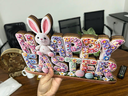 Happy Easter Wooden Table Sign, 3 Layer Floral Bunny Decor, Spring Home Easter Decoration, Pastel Easter Centerpiece