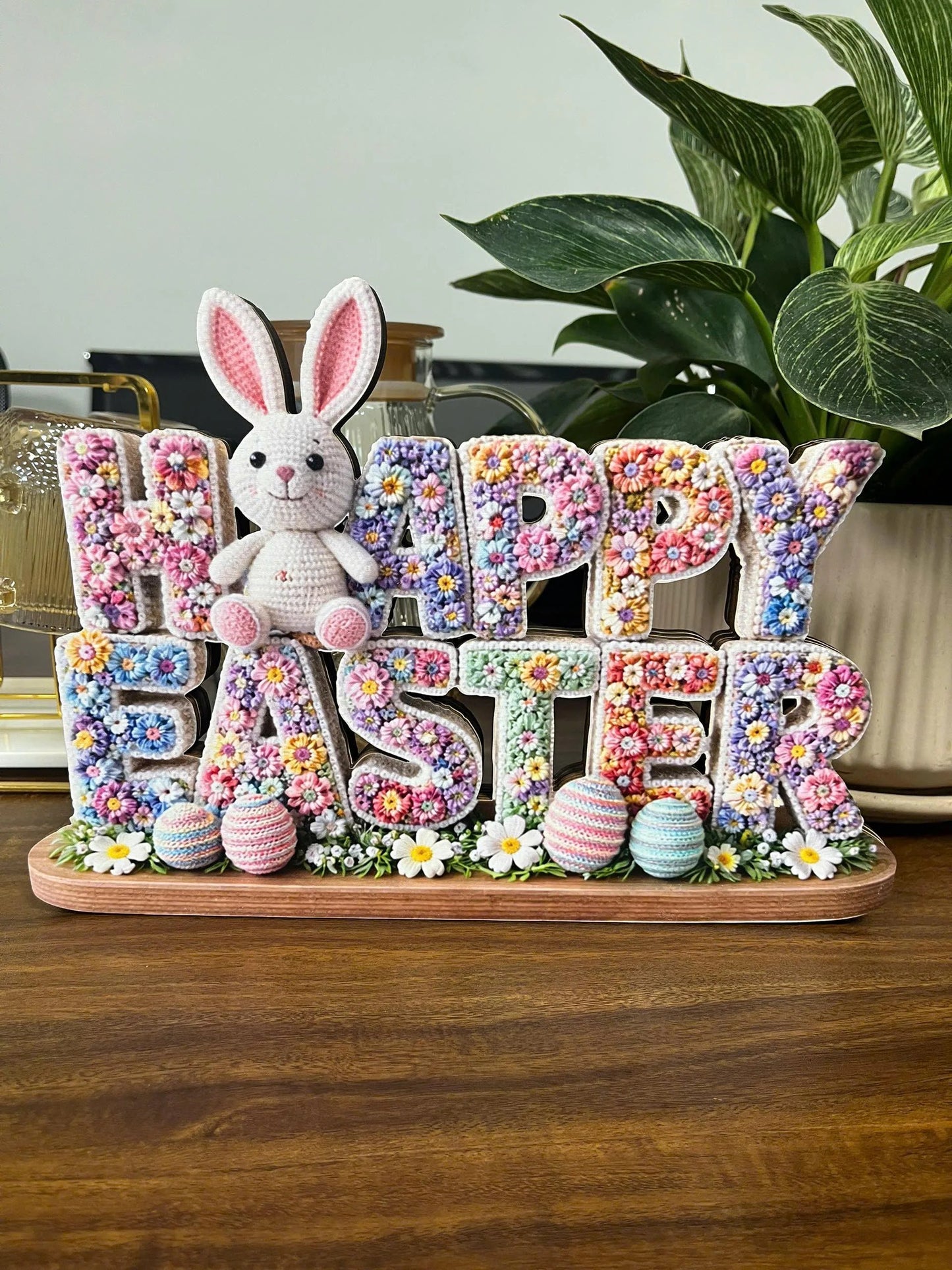 Happy Easter Wooden Table Sign, 3 Layer Floral Bunny Decor, Spring Home Easter Decoration, Pastel Easter Centerpiece