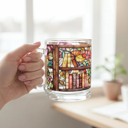 Faux Stained Glass Mug for Coffee and Books Lovers Vintage Bookshelf