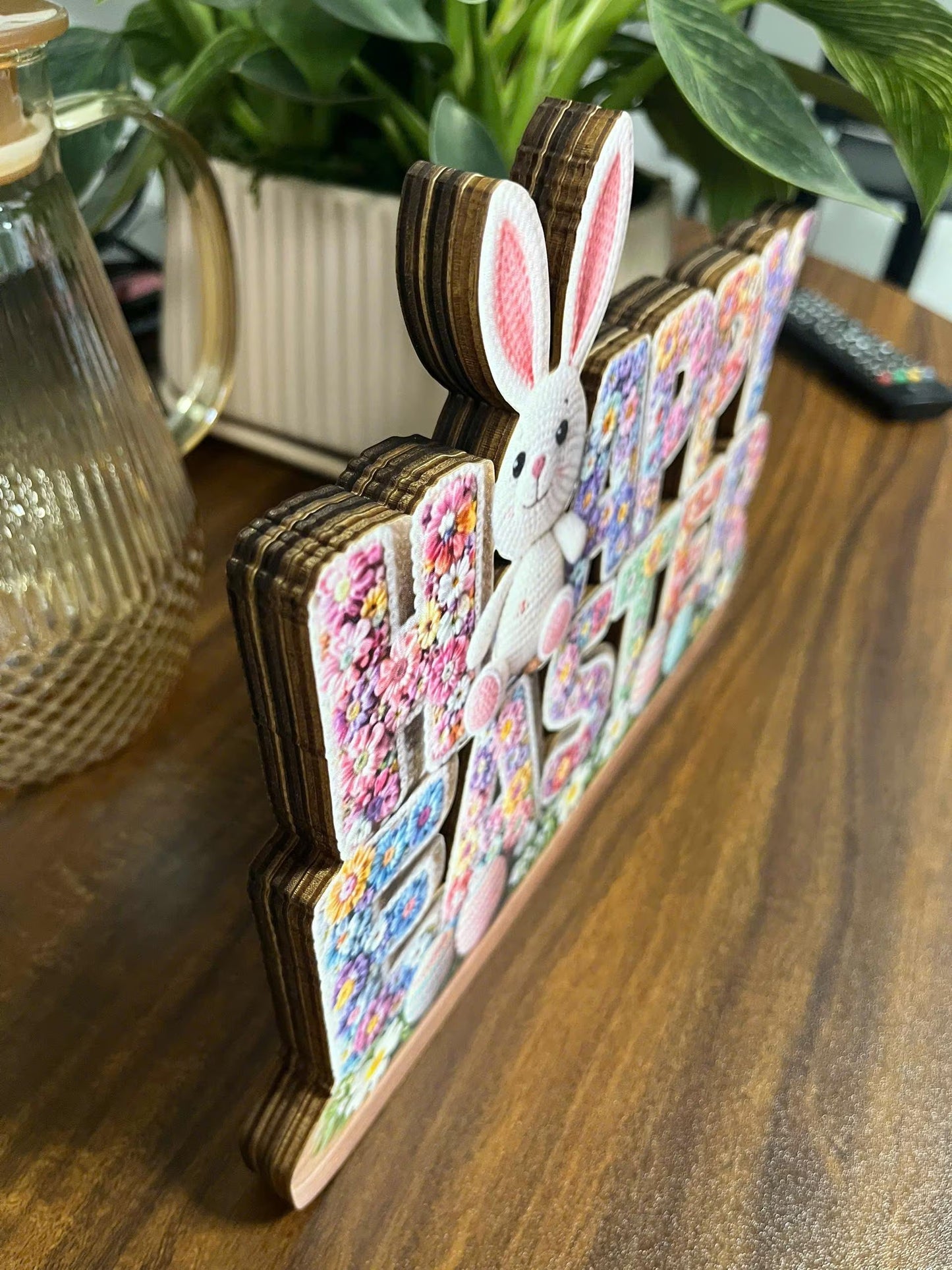 Happy Easter Wooden Table Sign, 3 Layer Floral Bunny Decor, Spring Home Easter Decoration, Pastel Easter Centerpiece
