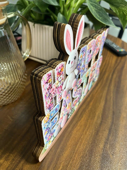 Happy Easter Wooden Table Sign, 3 Layer Floral Bunny Decor, Spring Home Easter Decoration, Pastel Easter Centerpiece