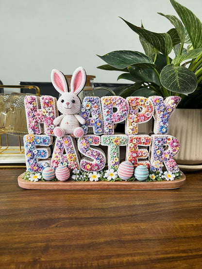 Happy Easter Wooden Table Sign, 3 Layer Floral Bunny Decor, Spring Home Easter Decoration, Pastel Easter Centerpiece