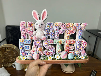Happy Easter Wooden Table Sign, 3 Layer Floral Bunny Decor, Spring Home Easter Decoration, Pastel Easter Centerpiece