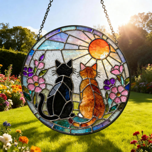 Charming Black Orange Cat Couple Garden Suncatcher Stained Glass Window Hanging Glass Ornament Mom Gift