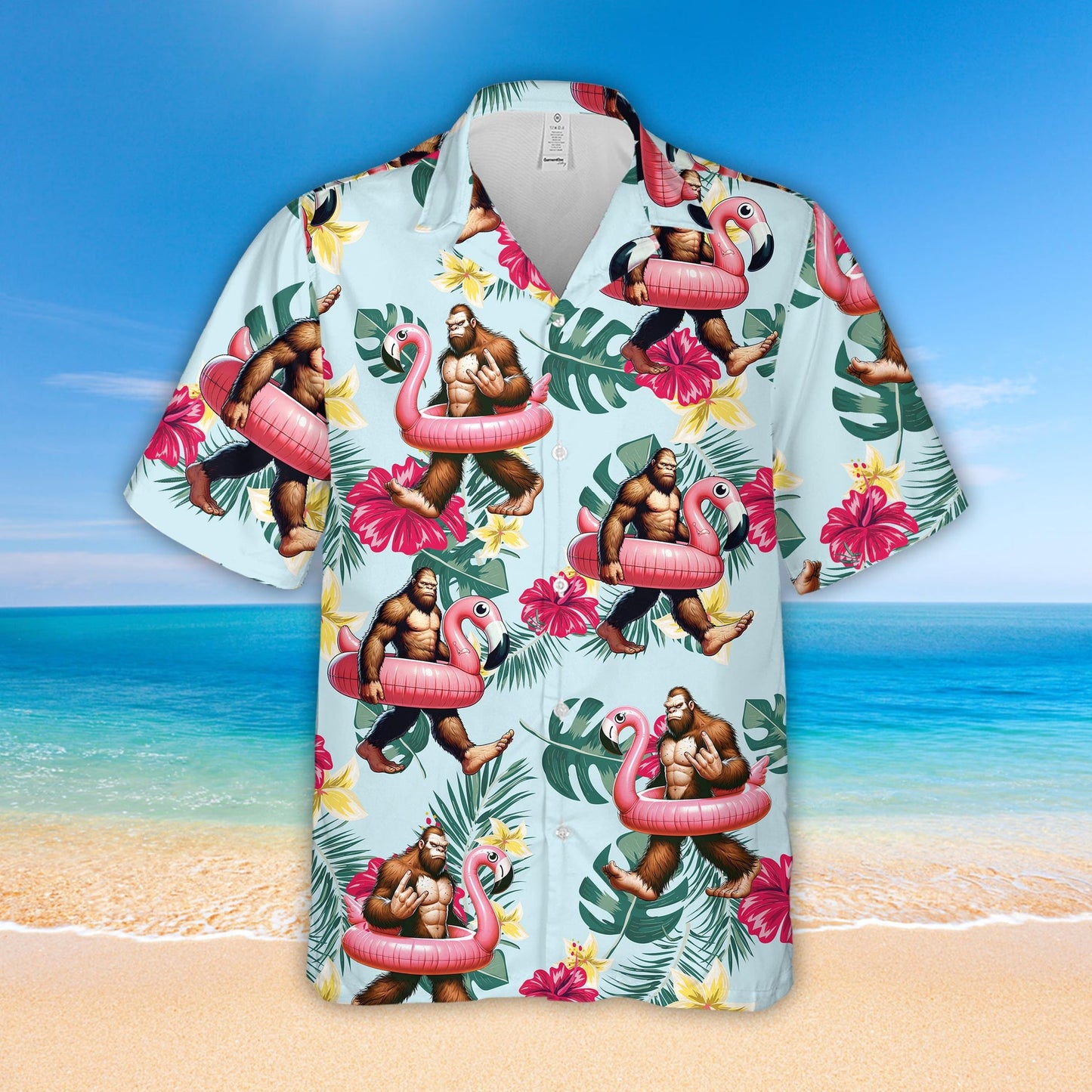 Tropical Bigfoot Flamingo Float Hawaiian Shirt